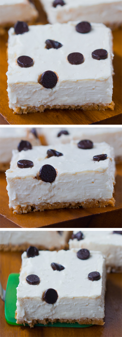Skinny Chocolate Chip Cheesecake Bars, great for parties Skinny Chocolate Chip Cheesecake Bars, great for parties