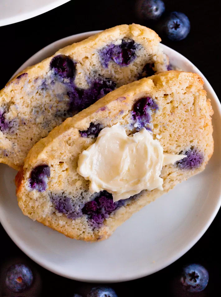 Keto Blueberry Bread Keto Blueberry Bread slices with butter