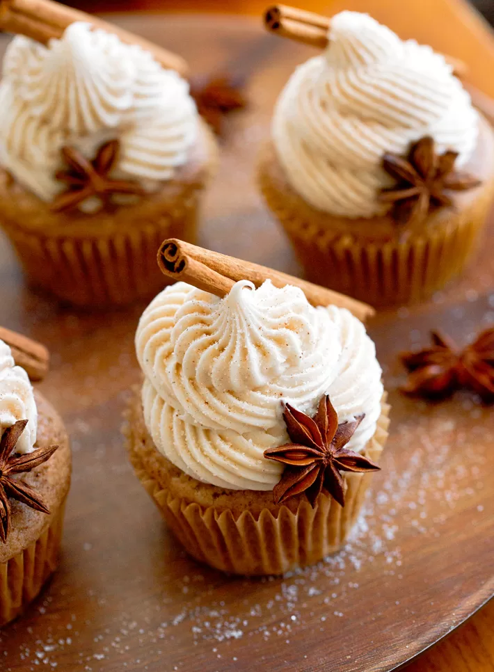 Chai Cupcakes Decorated With Cinnamon Sticks And Star Anise Chai Cupcakes Decorated With Cinnamon Sticks And Star Anise