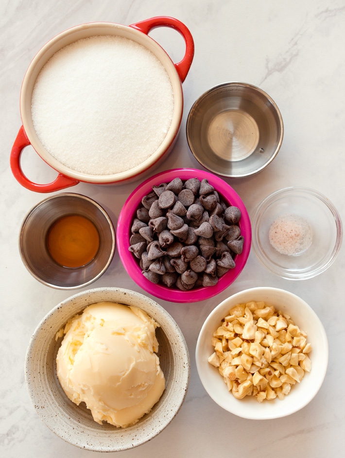 Vegan Toffee Ingredients (Butter, Sugar, Chocolate Chips) Vegan Toffee Ingredients (Butter, Sugar, Chocolate Chips)