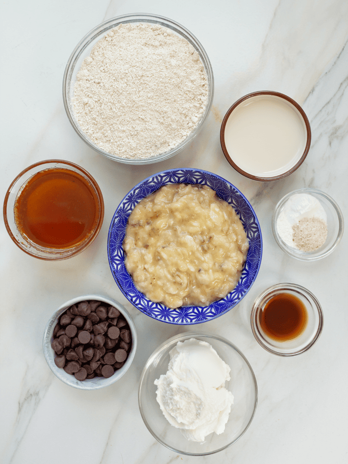 Ingredients for healthy banana loaf with Greek yogurt Ingredients for healthy banana loaf with Greek yogurt