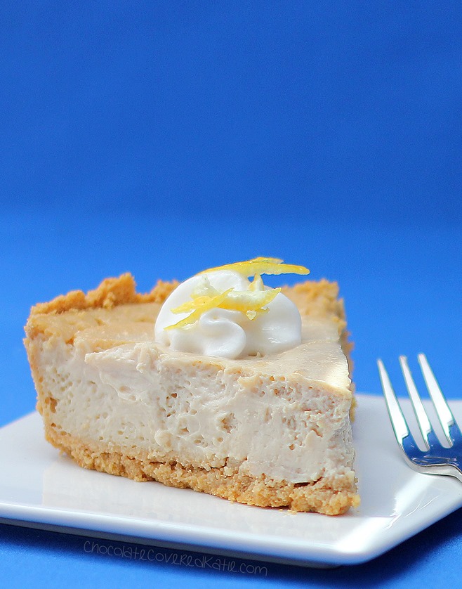 LEMON CLOUD CHEESECAKE - Secretly low-fat, gluten-free, vegan, and nut-free! The texture is amazing! Recipe link: https://lett-trim.today/2015/05/26/lemon-cloud-cheesecake/