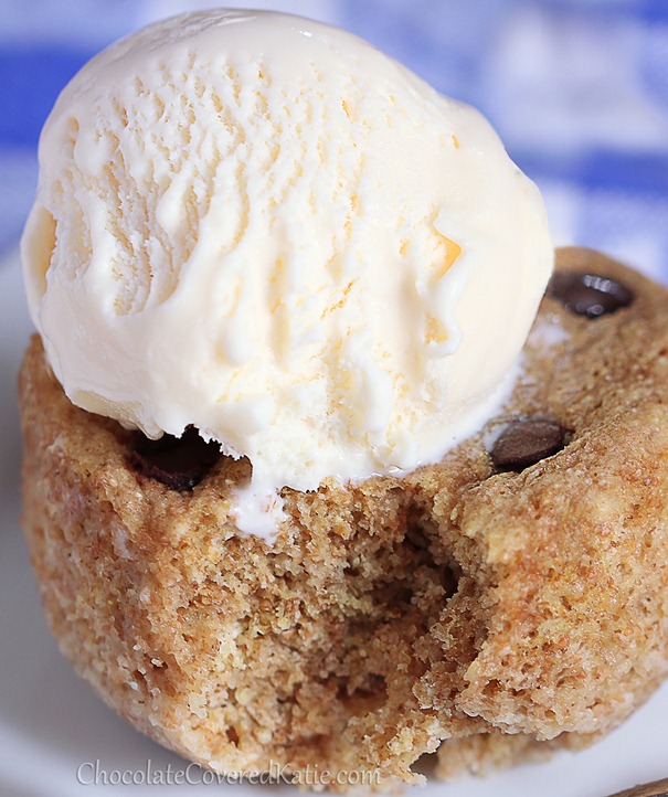 Chocolate Chip Cookie Mug Cake - 1/2 cup flour, 2 tbsp chocolate chips, 1 tsp baking powder, 1 tsp vanilla, 1/2 tsp... Full Recipe: https://lett-trim.today/2013/05/13/single-serving-chocolate-chip-cake-in-a-mug/ @choccoveredkt